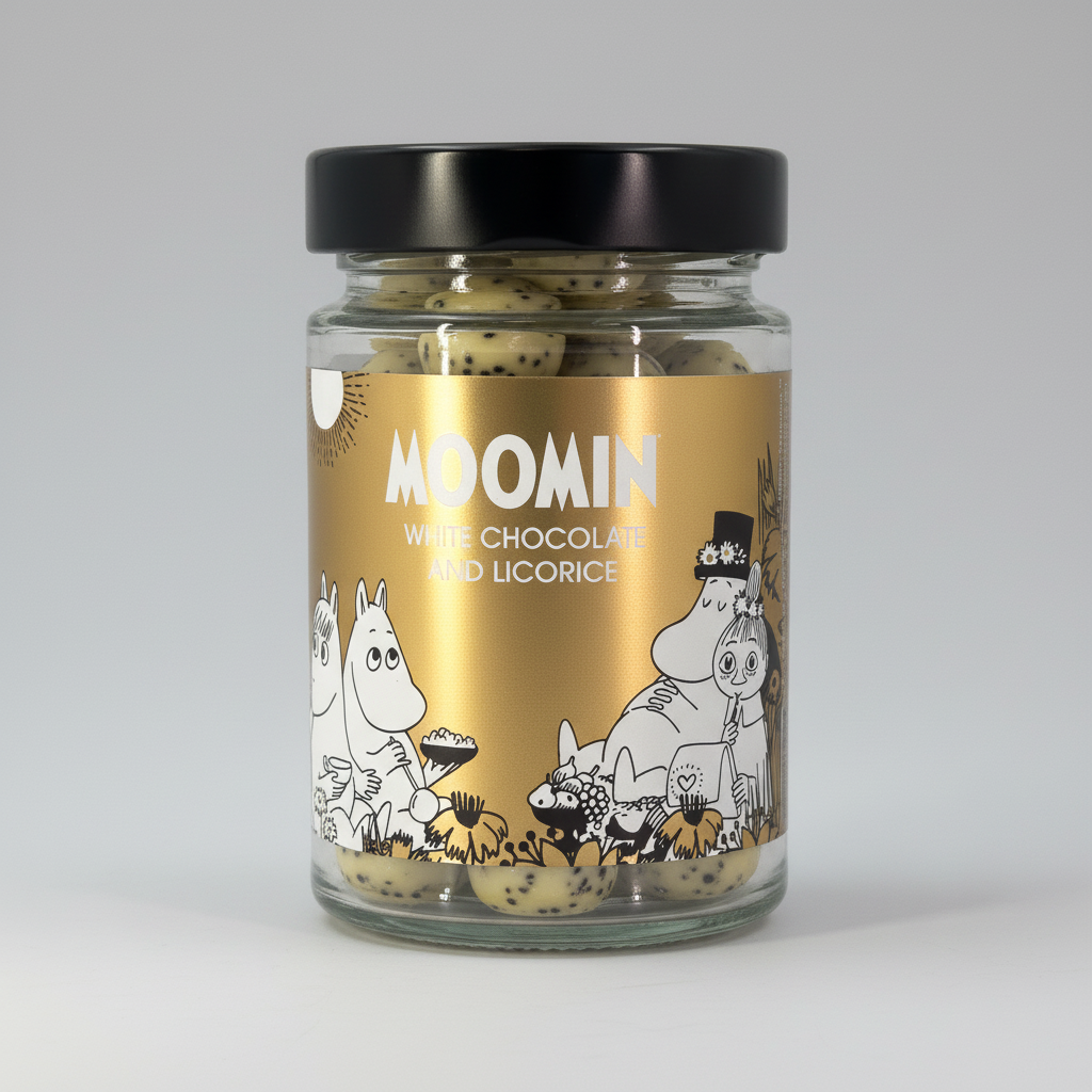 Jar of Moomin white chocolate and licorice on a white background