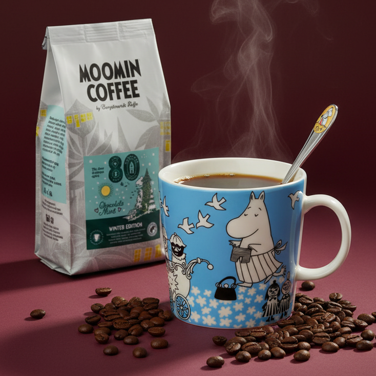 Moomin coffee bag with a steaming cup and beans on a red background