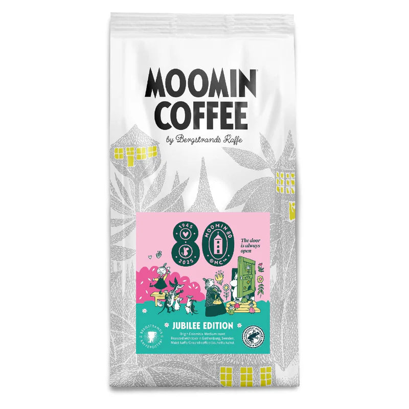 A package of 'Moomin Coffee' featuring the 'Jubileums Edition' with illustrations related to the Moomin series on the front.
