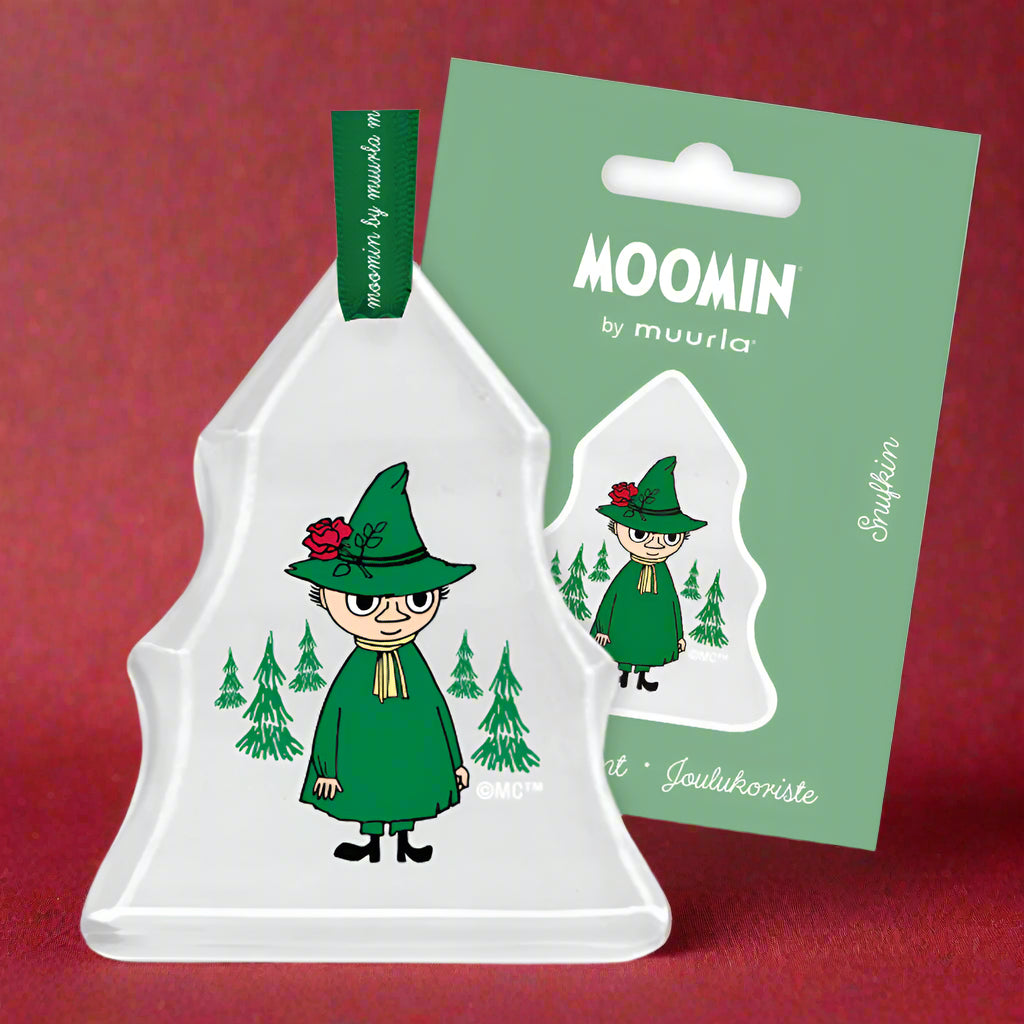 Moomin character in green costume with trees on a clear stand and green packaging.