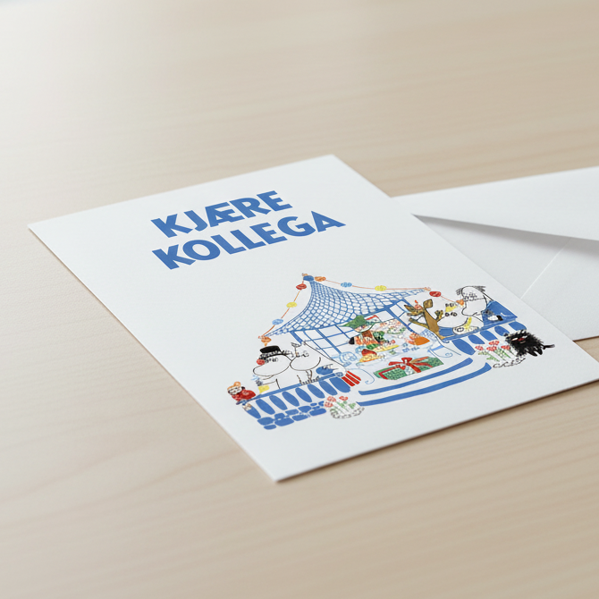 Kjære kollega Moomin card on desk with envelope