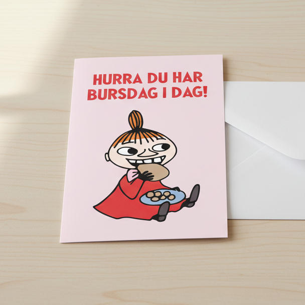 Little My birthday card on desk with envelope
