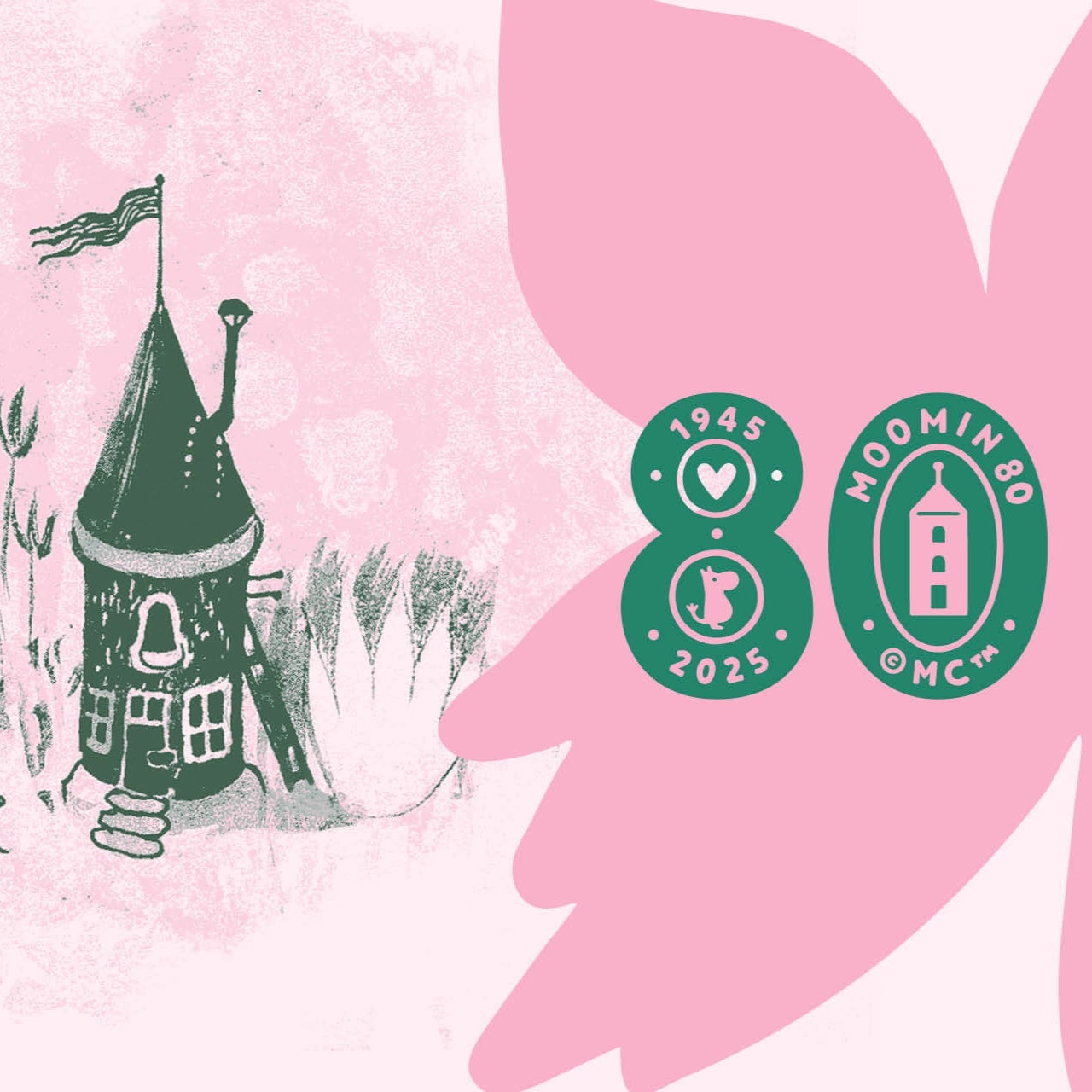 Illustration of a house and characters with Moomin branding on a pink background