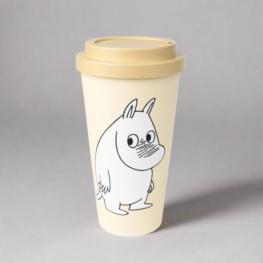 Beige travel mug with a mummi character on a white background